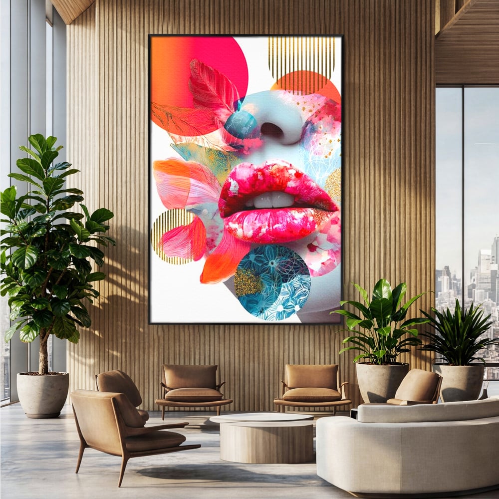 Tablou canvas cu tablou canvas cu buze roz si nas albastru, in rama de aluminiu negru, pe perete intr-un birou